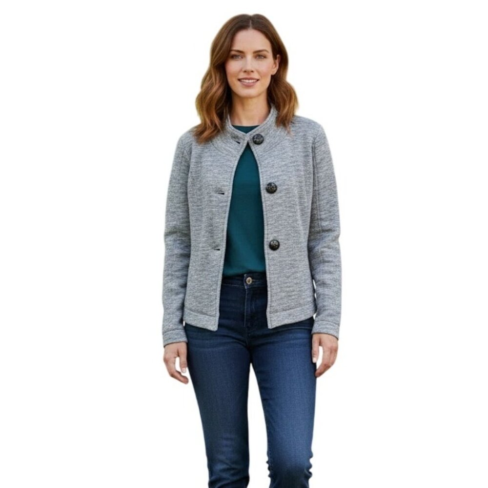 CAbi Gray Hourglass Heather Marled Gray Fleece Jacket M # 596 Metallic Buttons